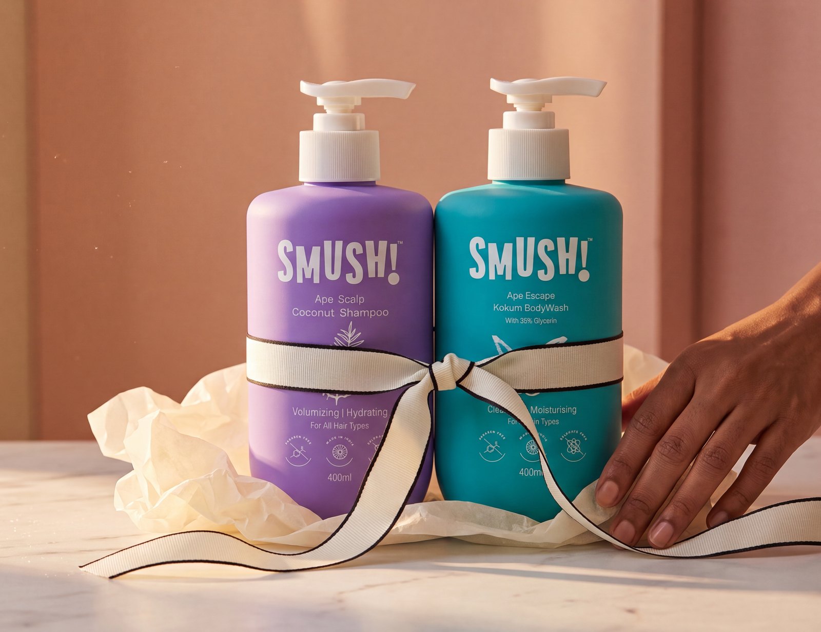 Ape Scalp Coconut Shampoo and Ape Escape Kokum Body Wash, ribbon-tied as a gift set
