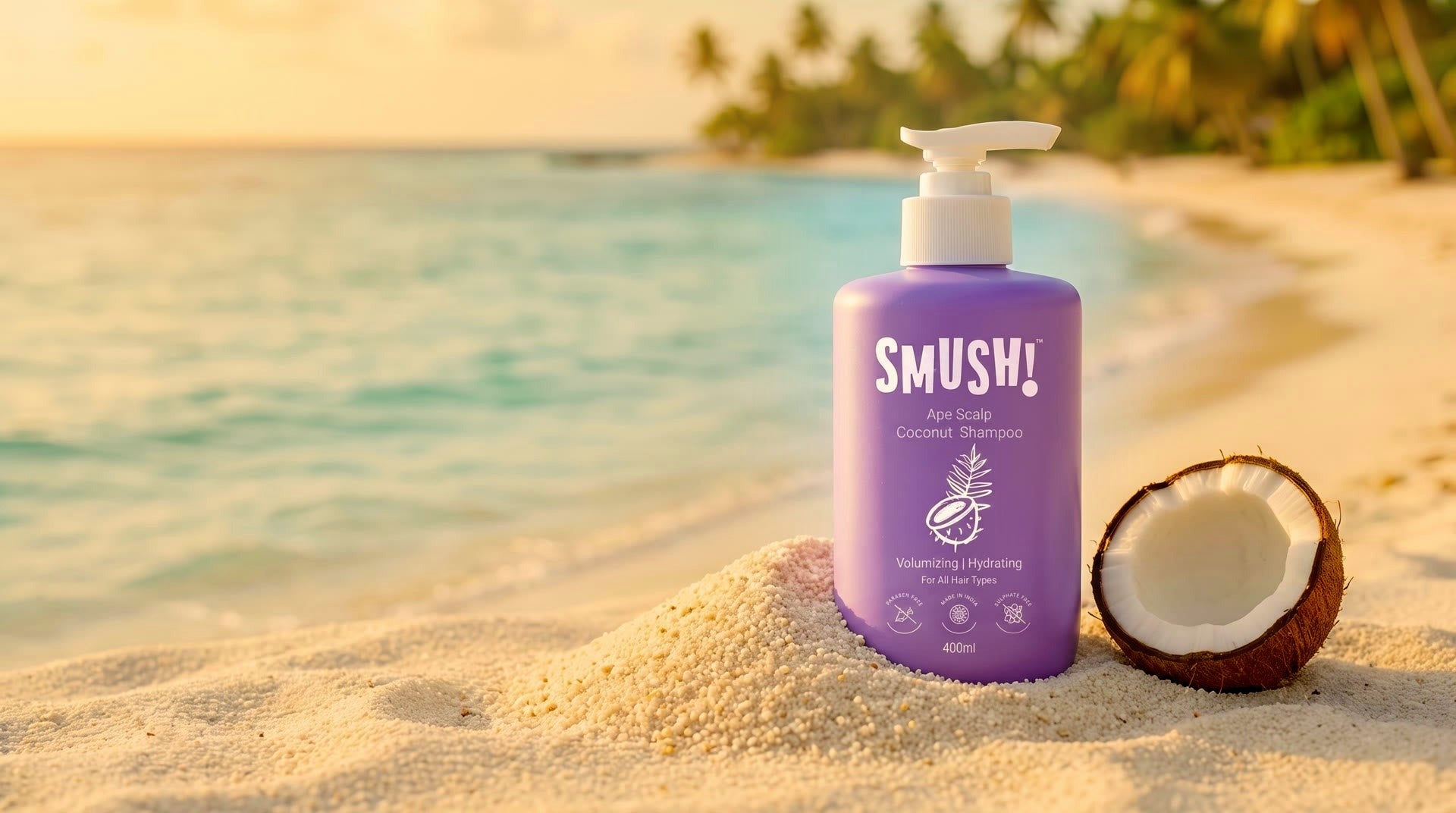 SMUSH! Ape Scalp Coconut Shampoo, a sulphate free coconut milk shampoo, on a sunlit beach