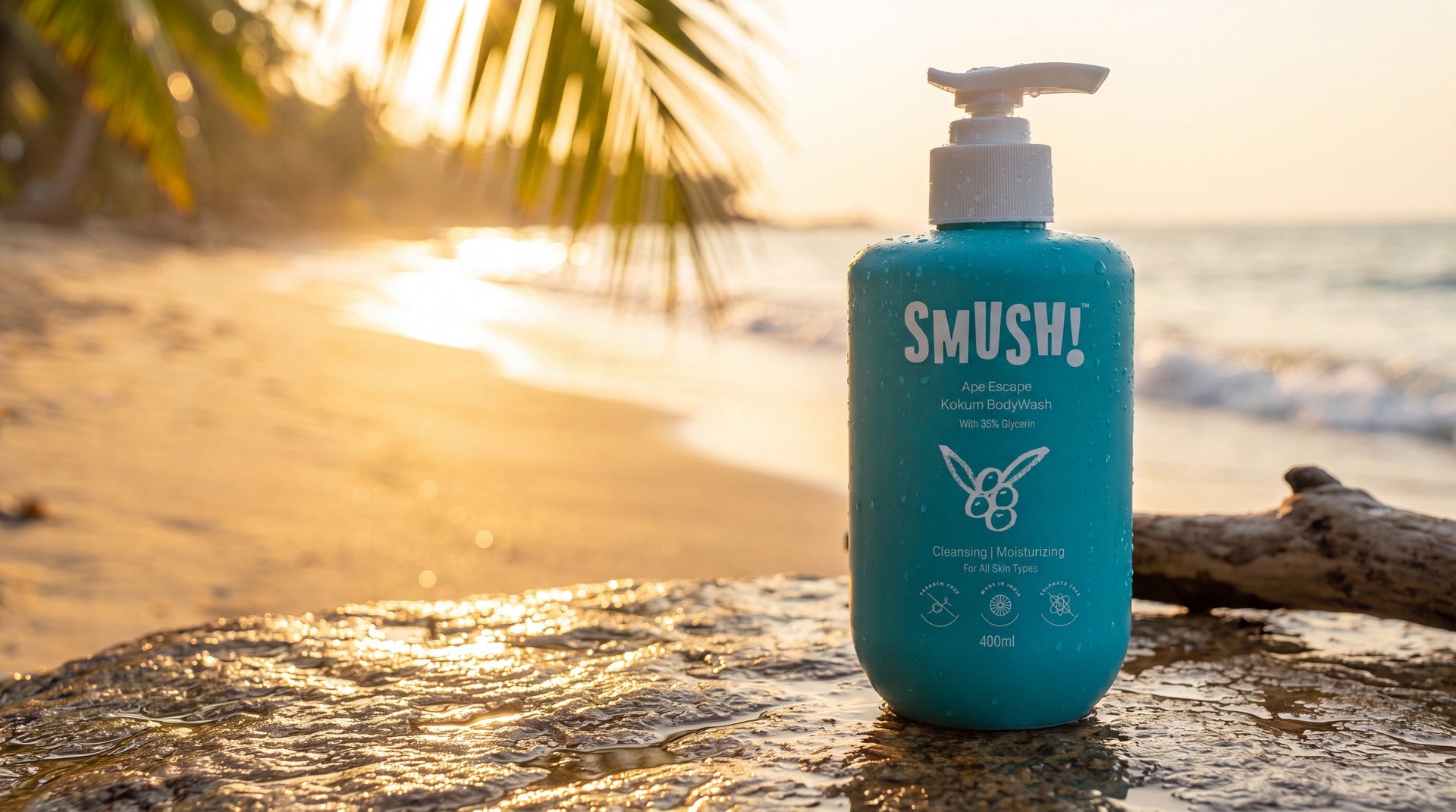 SMUSH Ape Escape Kokum Body Wash bottle with 35% glycerin in a bright beach scene