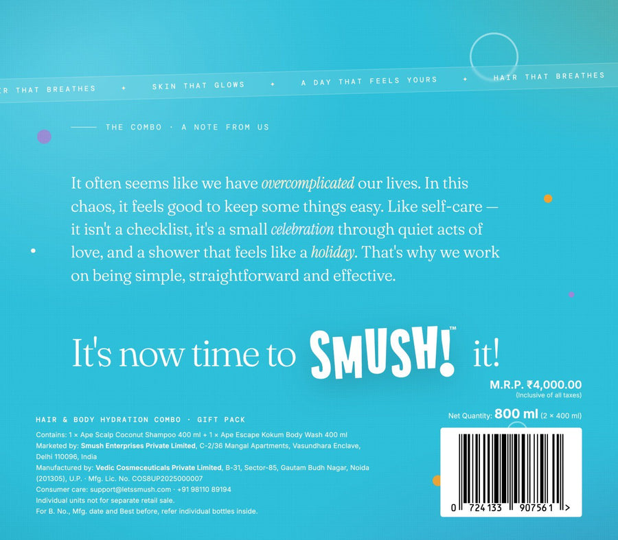 The back of the teal SMUSH! gift box sleeve: a printed note, the line It's now time to SMUSH! it!, net quantity 800 ml, MRP ₹4,000, manufacturer and marketer details and a barcode