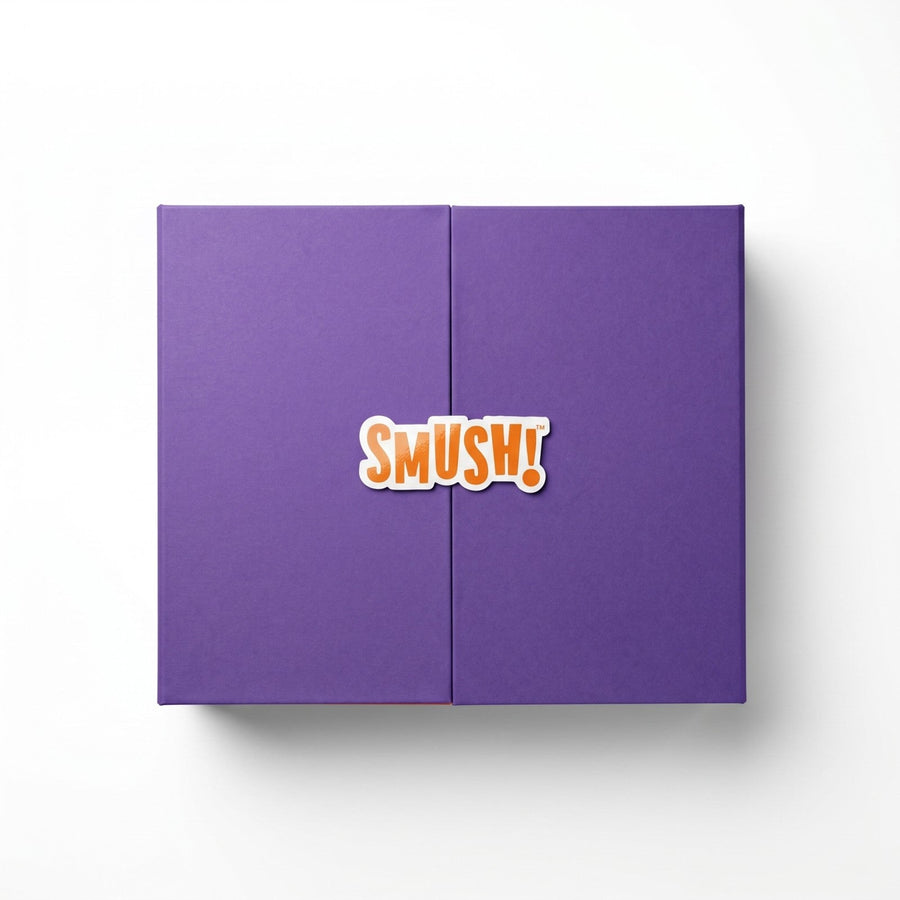 The rigid magnetic box, closed, sealed with the SMUSH! sticker