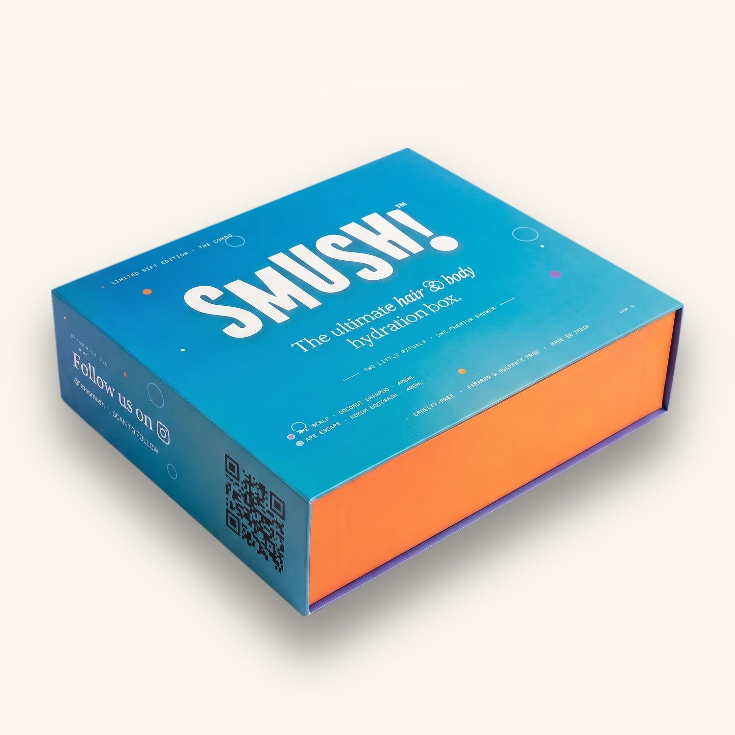 SMUSH! limited edition gift box, closed, holding the Coconut Shampoo and Kokum Body Wash