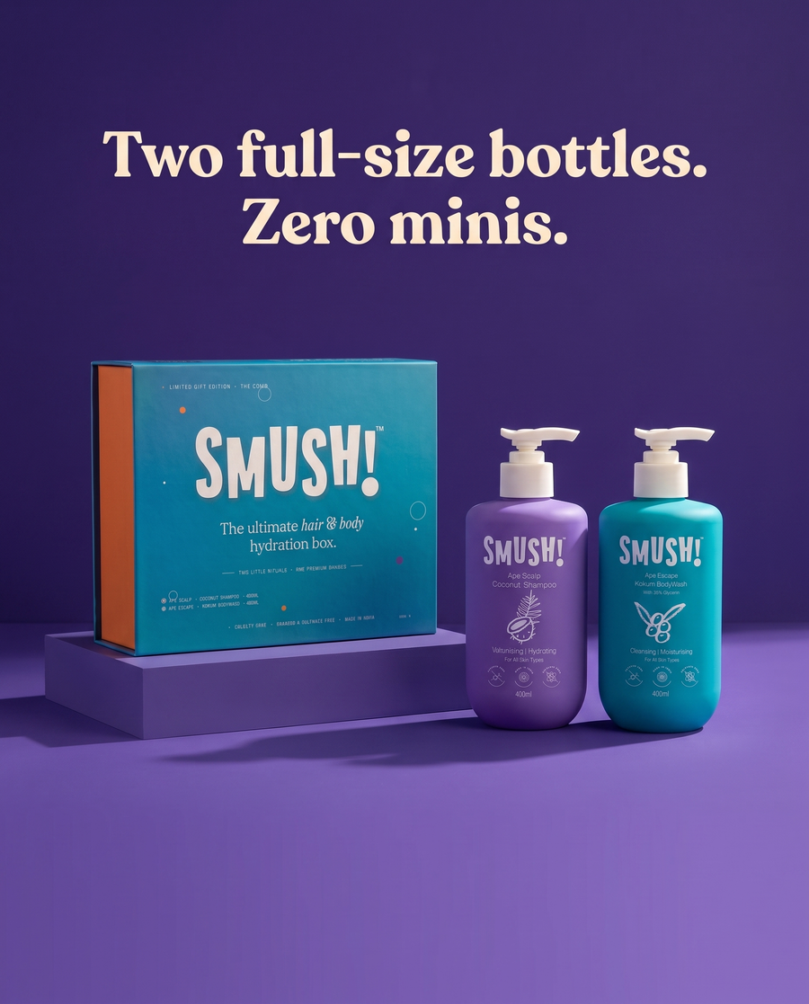 The SMUSH! gift box with both full-size 400ml bottles on a violet set