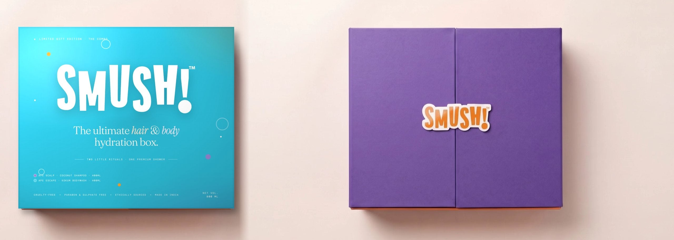 Two SMUSH! gift boxes: one in its blue sleeve, one with the SMUSH! sticker on its closed doors