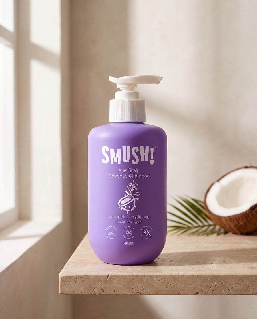 Ape Scalp Coconut Shampoo 400ml on a travertine bathroom shelf beside half a coconut