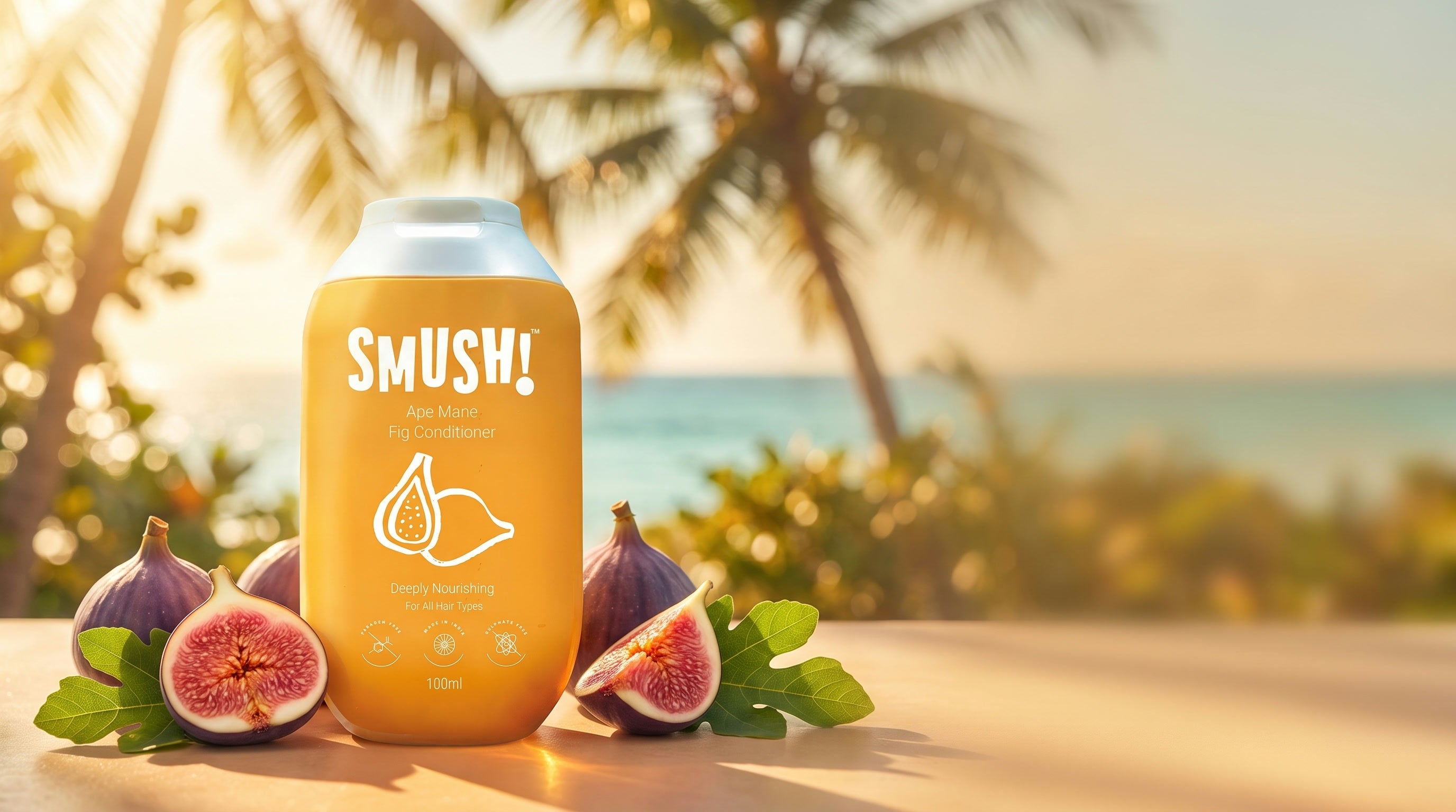 SMUSH Ape Mane Fig Conditioner bottle, a fig hair mask, in a warm beach scene