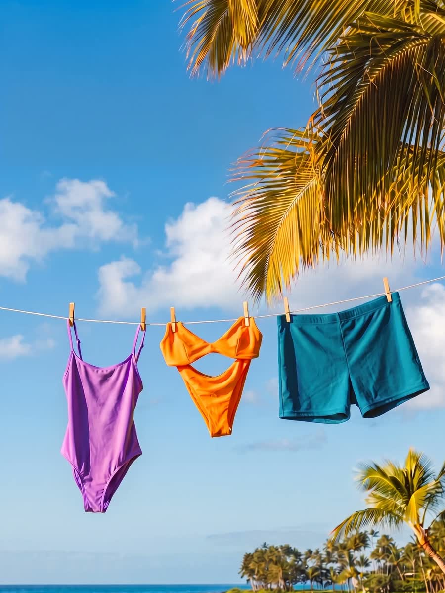 Swimsuits drying on a clothesline under a palm, a joyful holiday moment