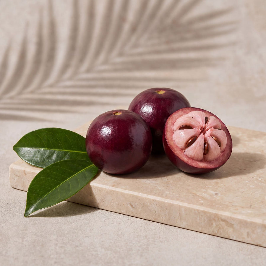 Three dark red kokum fruits, one cut open to show pale pink segments and dark seeds, with two glossy green leaves on a stone board; kokum, the butter in SMUSH! Ape Escape Kokum Body Wash