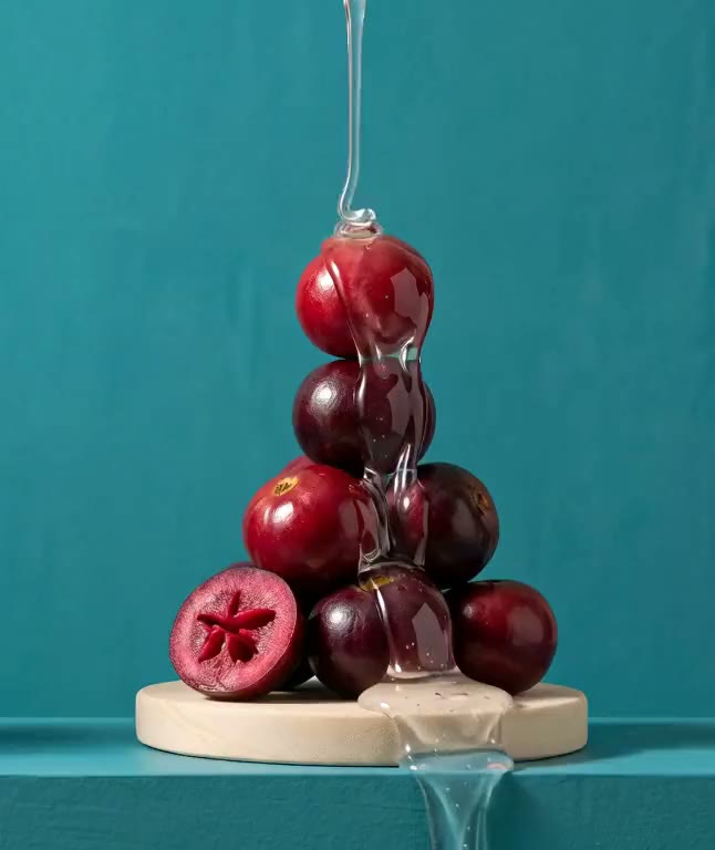 Clear SMUSH! body wash gel pouring over a stack of dark red kokum fruit on a wooden round against a teal wall, the first frame of the gel clip