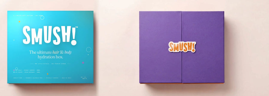 Two SMUSH! gift boxes seen from above: one in its teal sleeve, one with the SMUSH! magnet on its closed purple doors