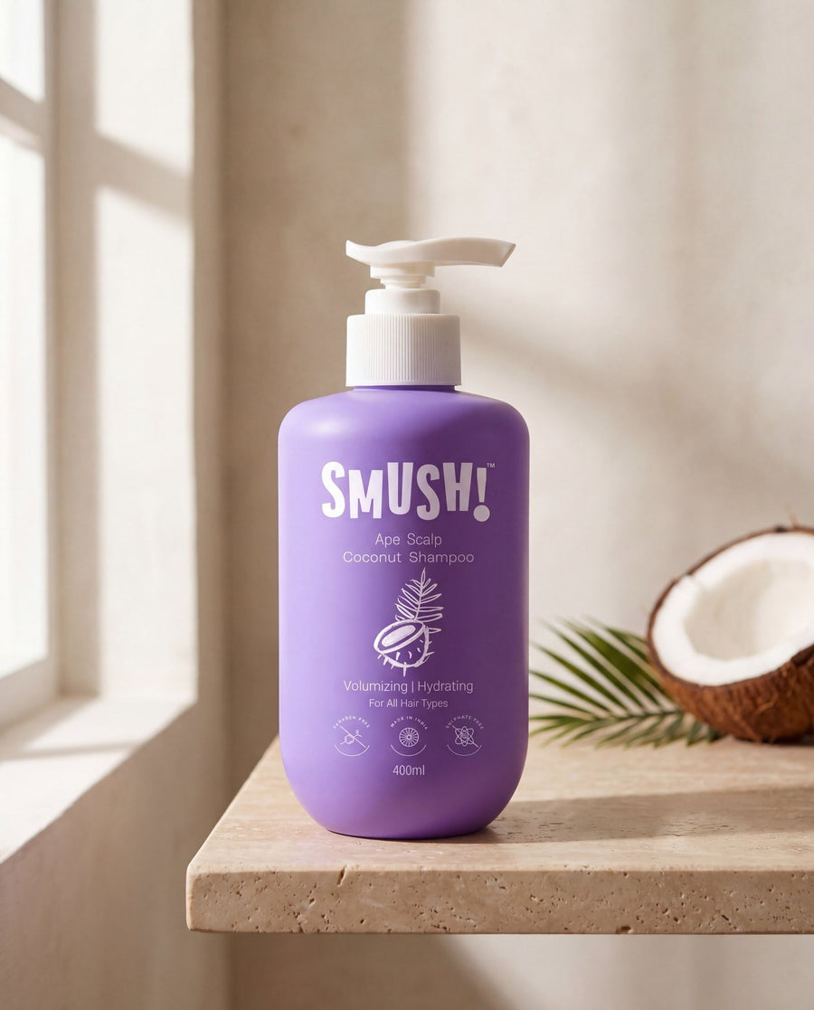 SMUSH! Ape Scalp Coconut Shampoo, a purple 400 ml pump bottle on a travertine shelf beside a halved coconut and a palm frond, in soft window light
